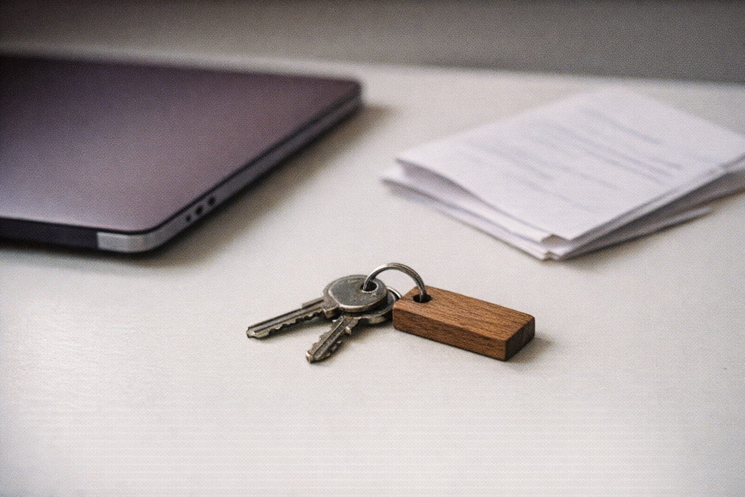 Schlüssel neben Laptop und Unterlagen – Symbol für die Übergabe
